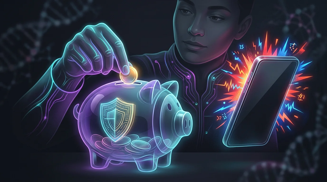 Investor ignoring smartphone notifications while adding money to a secure piggy bank to start stock investing.