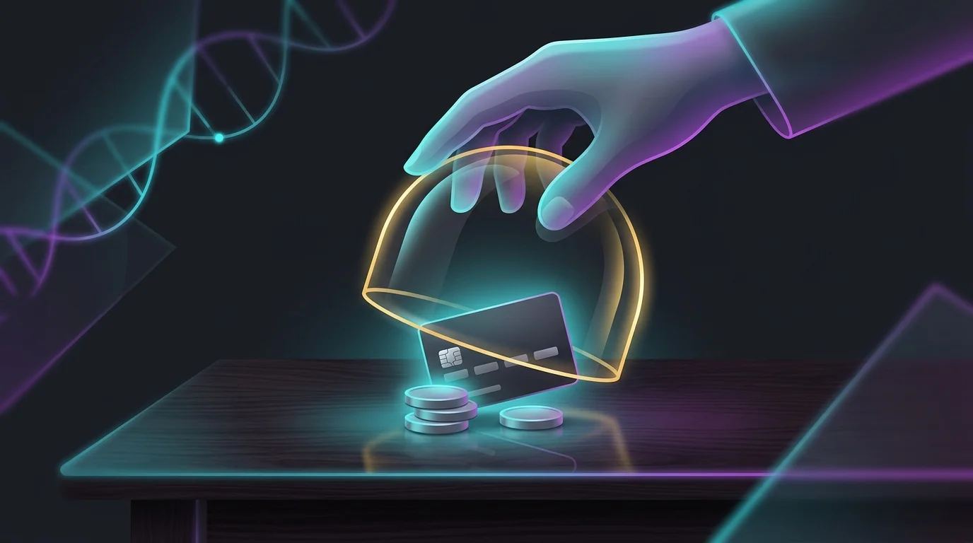 Hand placing a protective dome over coins and a credit card to secure your credit score while paying off debt.