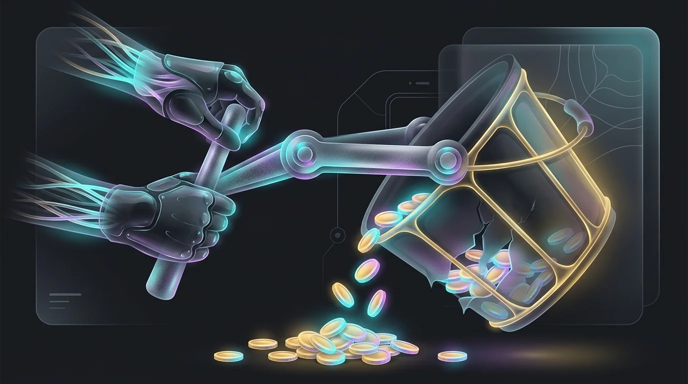 Hands using a lever to tilt a leaking bucket of coins, illustrating how lower interest rates reduce debt repayment loss.