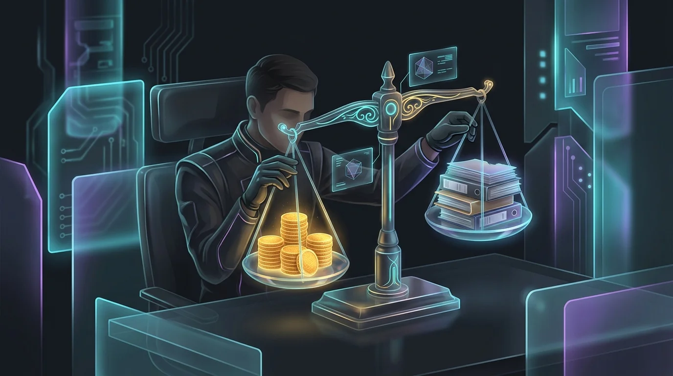 Person balancing a scale with coins and documents to illustrate a balanced investment portfolio strategy.