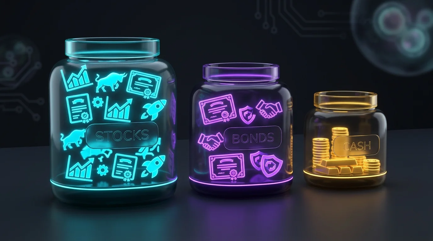 Three labeled buckets representing stock, bond, and cash allocations in a diversified investment portfolio.