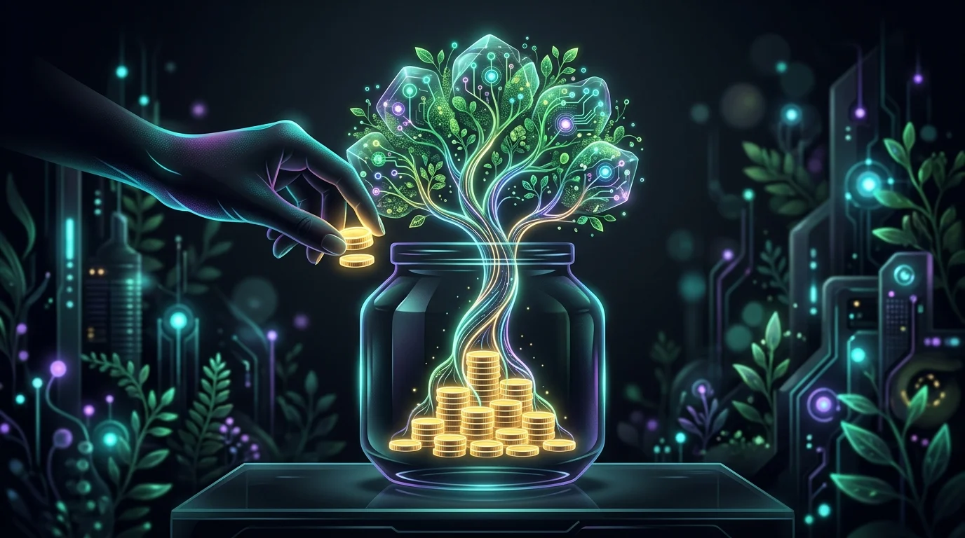 Gold coins forming a tree in a glass jar to represent growing personal finances and long-term investment savings.