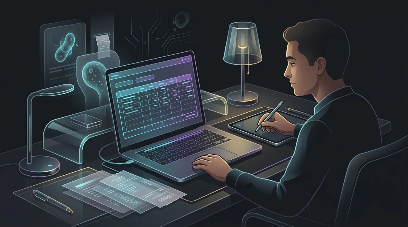 Person tracking expenses and bank statements on a laptop to manage personal finances effectively.