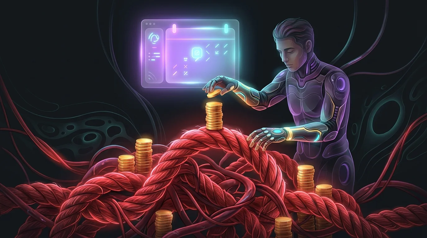 Person stacking gold coins on tangled ropes representing debt as a digital calendar alert reminds them to manage finances.