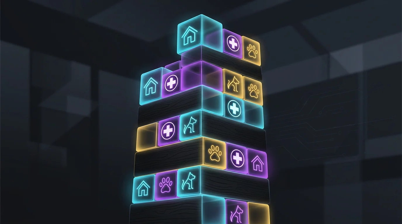 Colorful wooden blocks labeled with house, medical, and pet icons representing core insurance policy coverage elements.