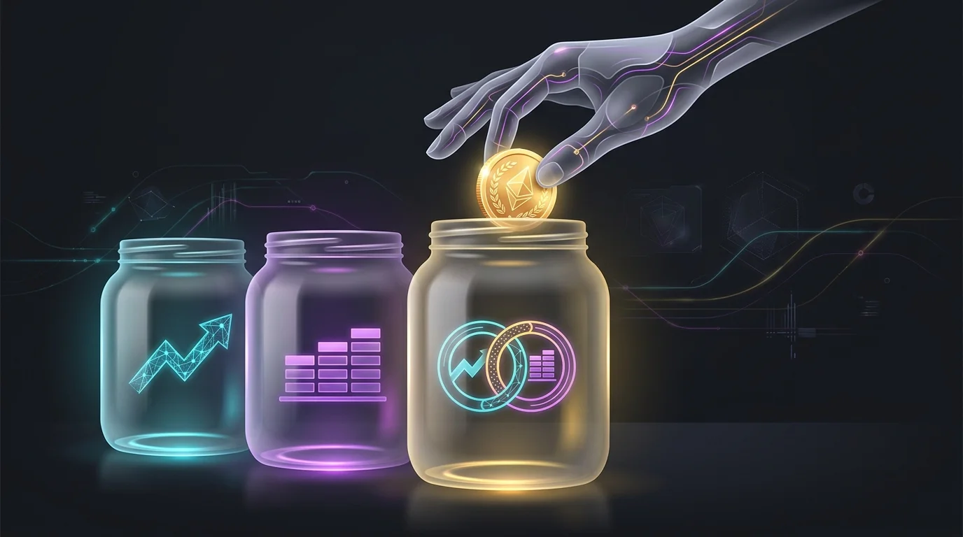 Hand placing a gold coin into jars labeled for stocks, bonds, and balanced mutual funds to illustrate investment choice.
