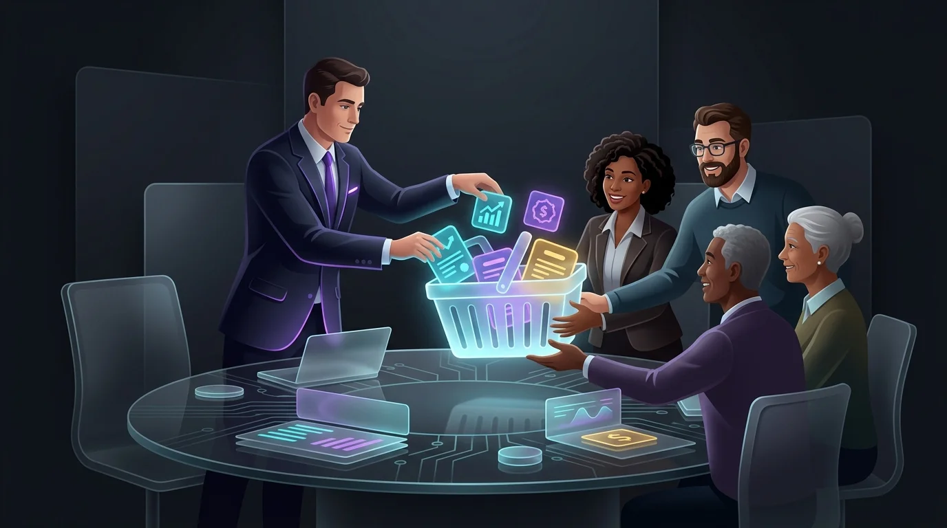 Financial manager organizing diverse stock and bond assets into a unified mutual fund basket for investors.