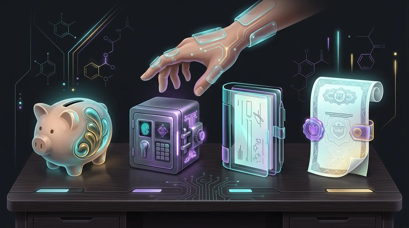 Hand selecting between a piggy bank, vault, checkbook, and bond to compare high-yield savings account alternatives.