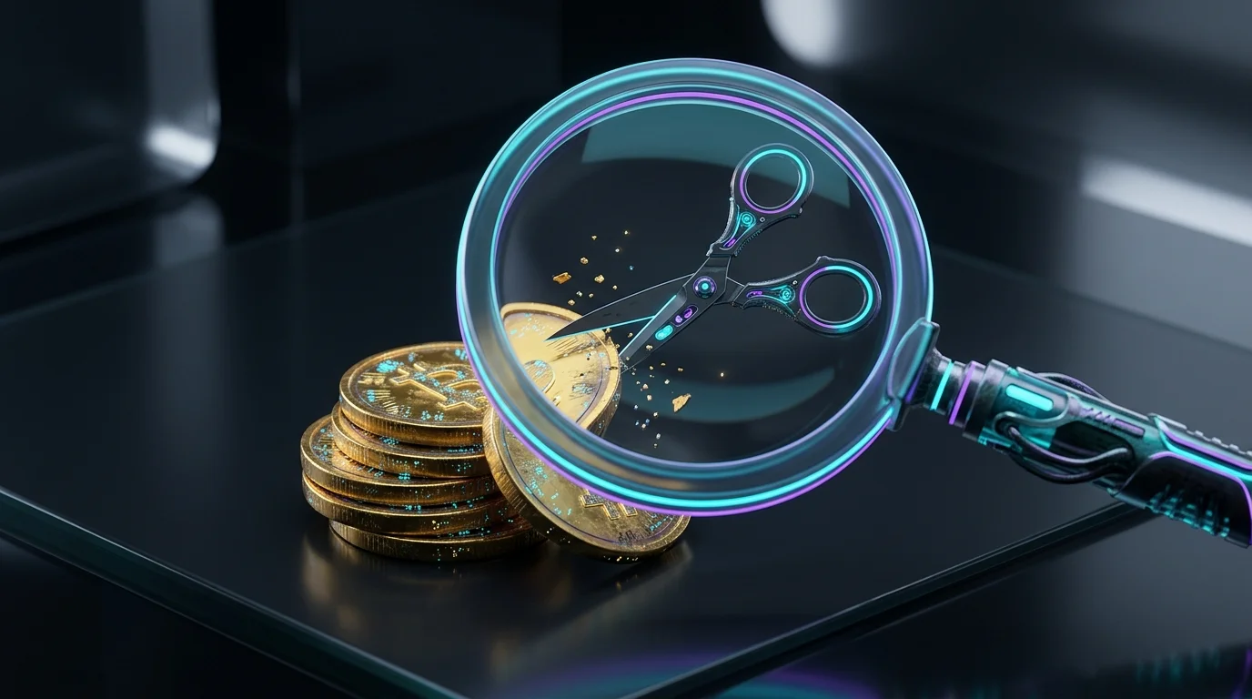 Magnifying glass inspecting gold coins being cut by scissors to represent hidden fees in savings accounts.
