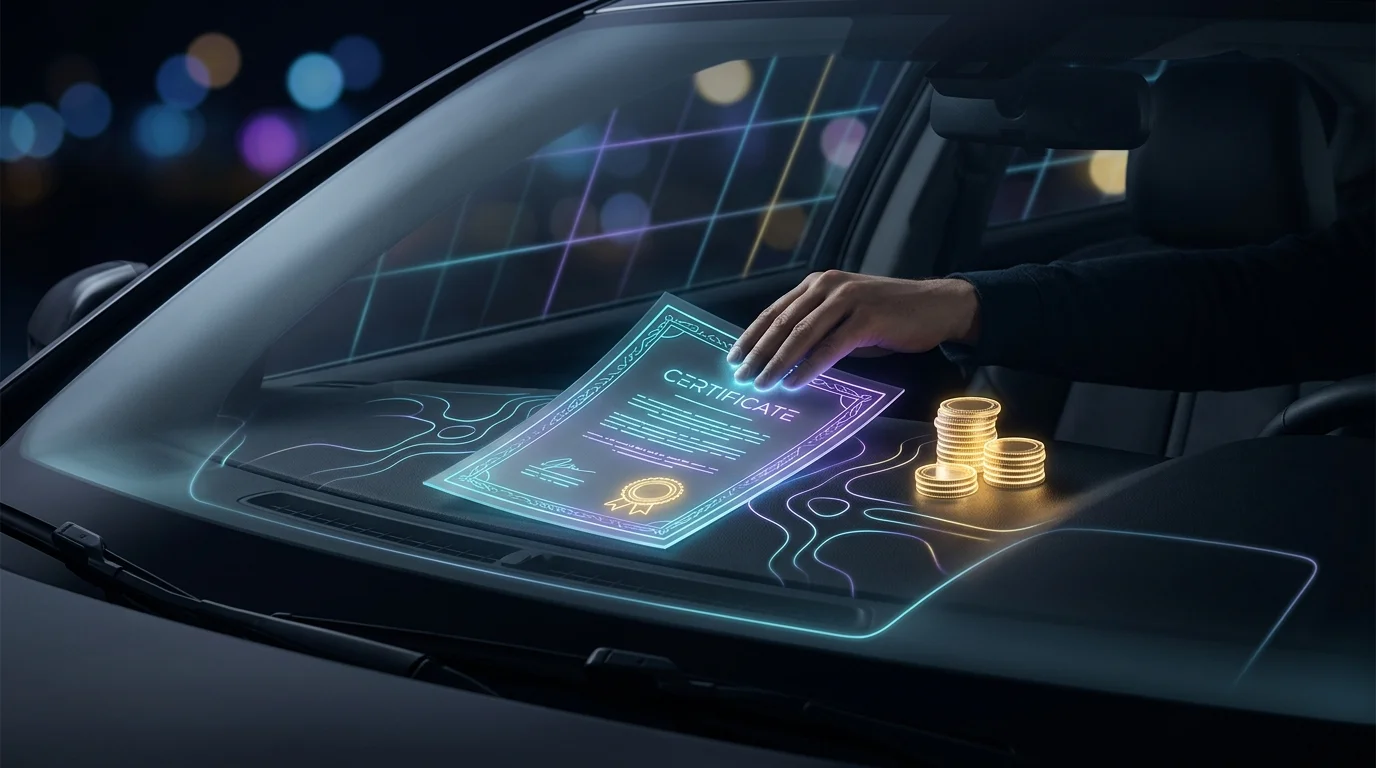Person placing a defensive driving certificate on a dashboard next to coins representing auto insurance savings.