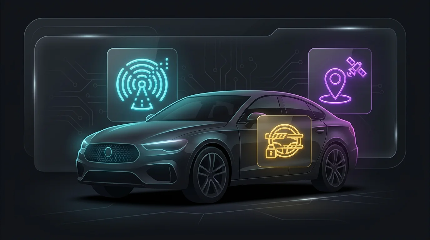 Car parked in a garage with glowing icons representing safety sensors and anti-theft tech for auto insurance discounts.