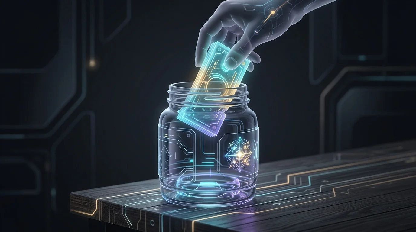 Hand placing cash into a secure, FDIC-insured jar for an emergency fund savings strategy.