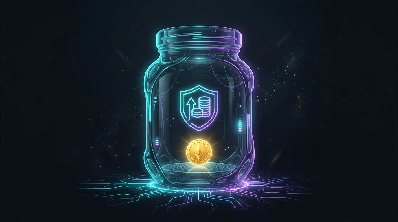 Gold coin inside a secure savings jar in a dark void, representing safe cryptocurrency position sizing.