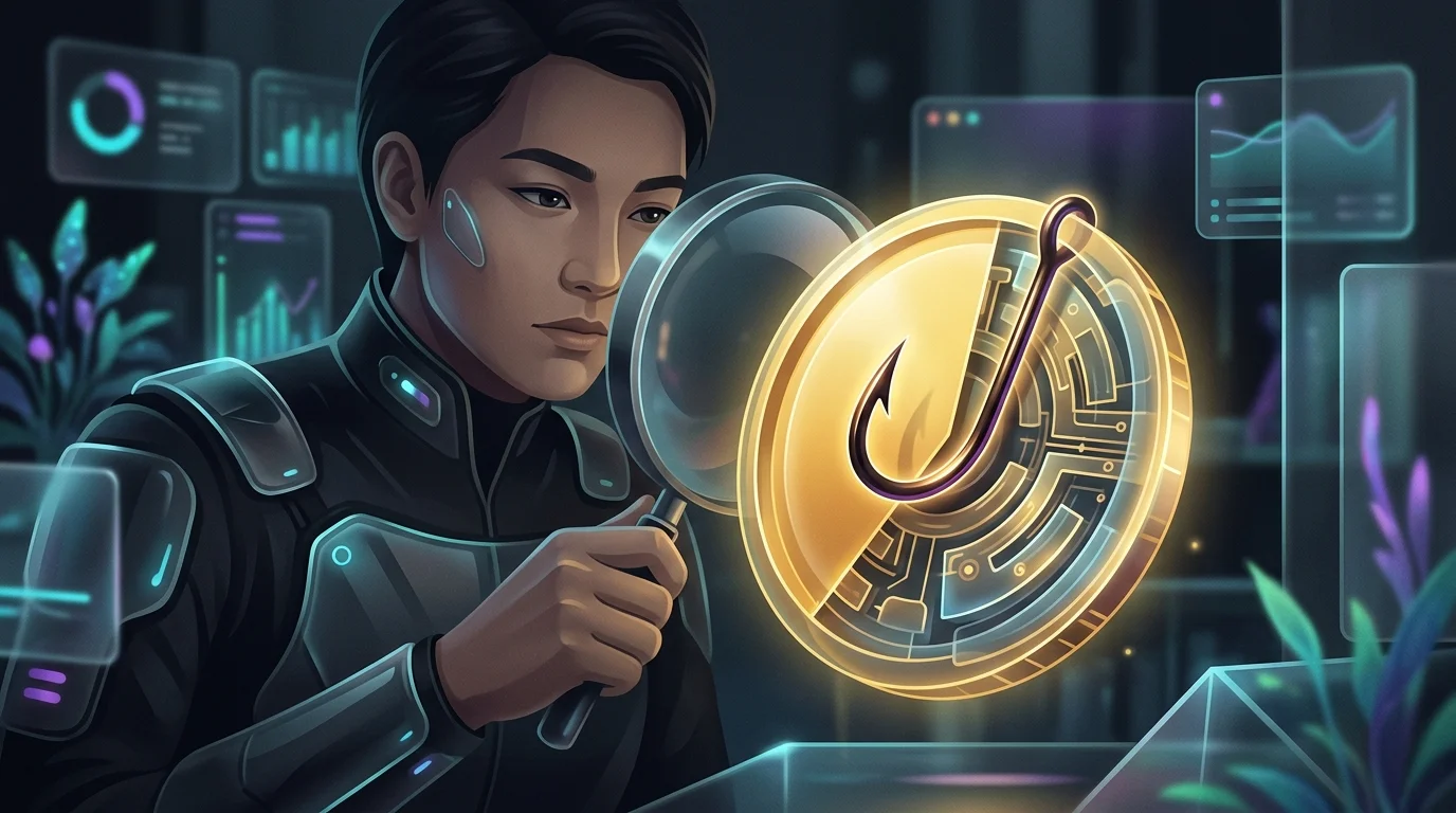 Magnifying glass revealing a hidden fishing hook under a golden crypto coin to help investors avoid scams.