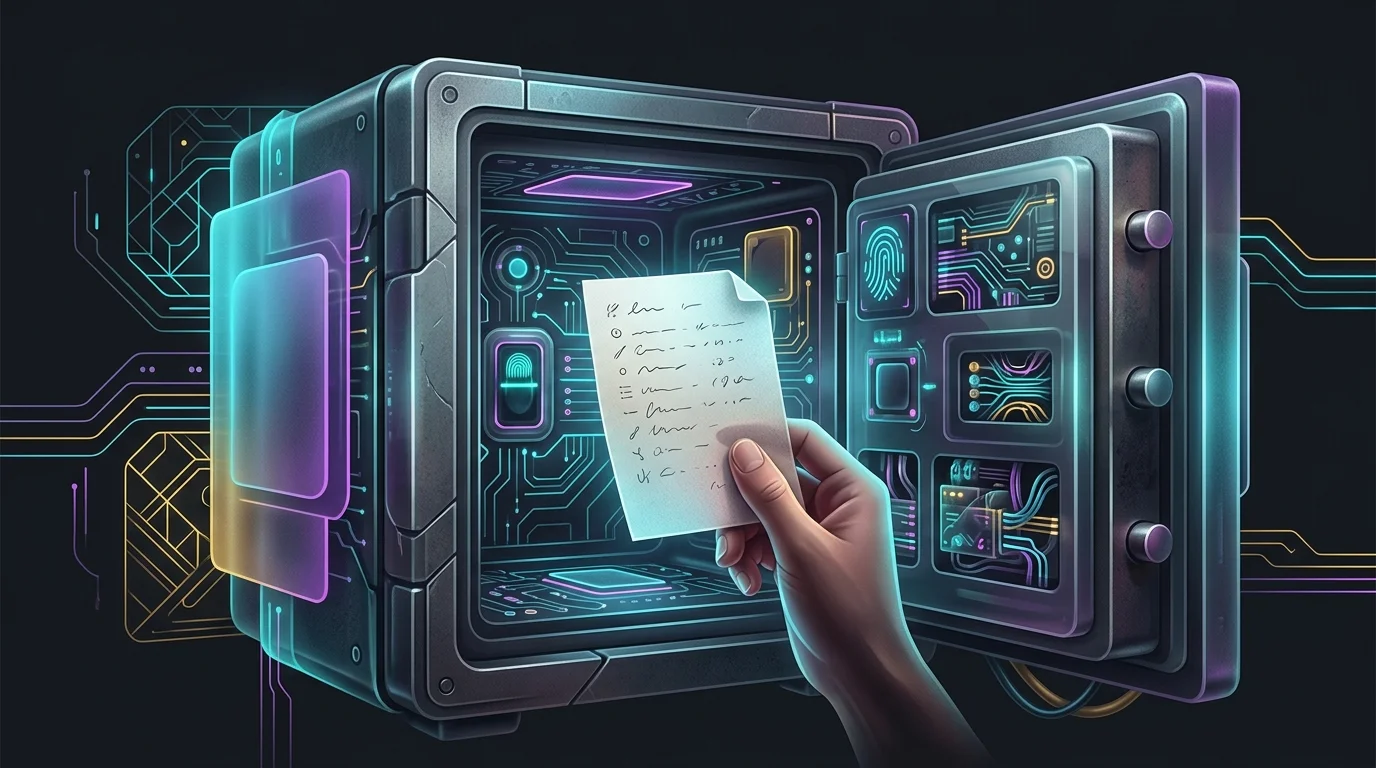 Handwritten seed phrase stored securely inside a heavy-duty steel safe for cryptocurrency security.