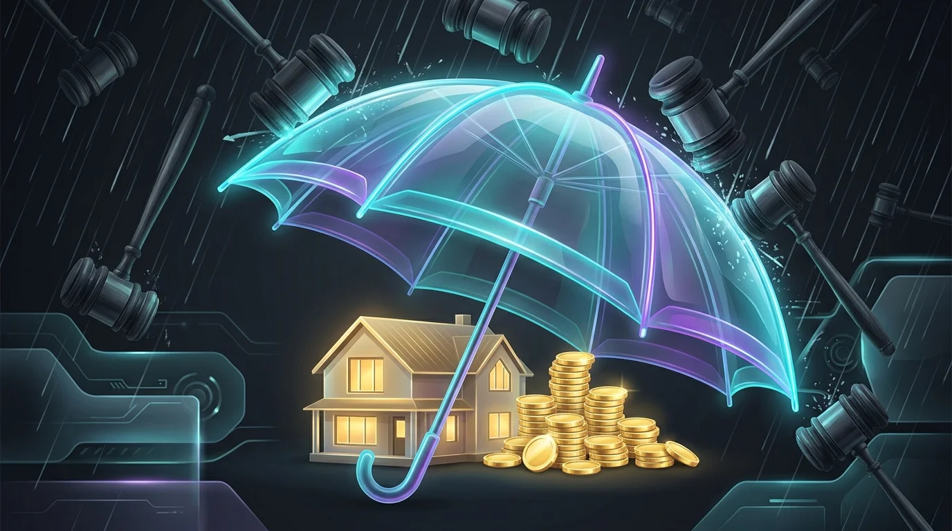 Transparent umbrella shielding a house and gold coins from falling legal gavels to represent umbrella home insurance.