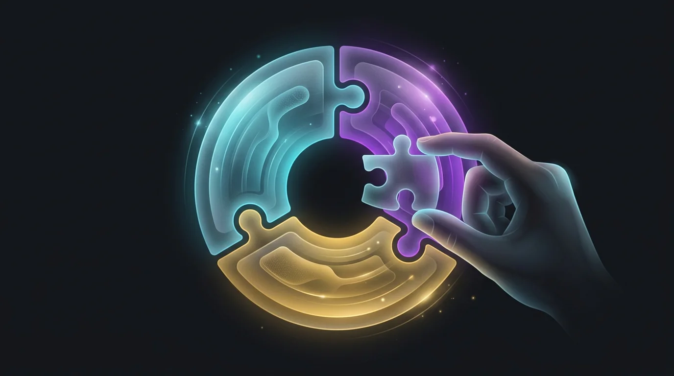 Hand placing a puzzle piece into a three-segment circular chart representing a diversified stock market portfolio.