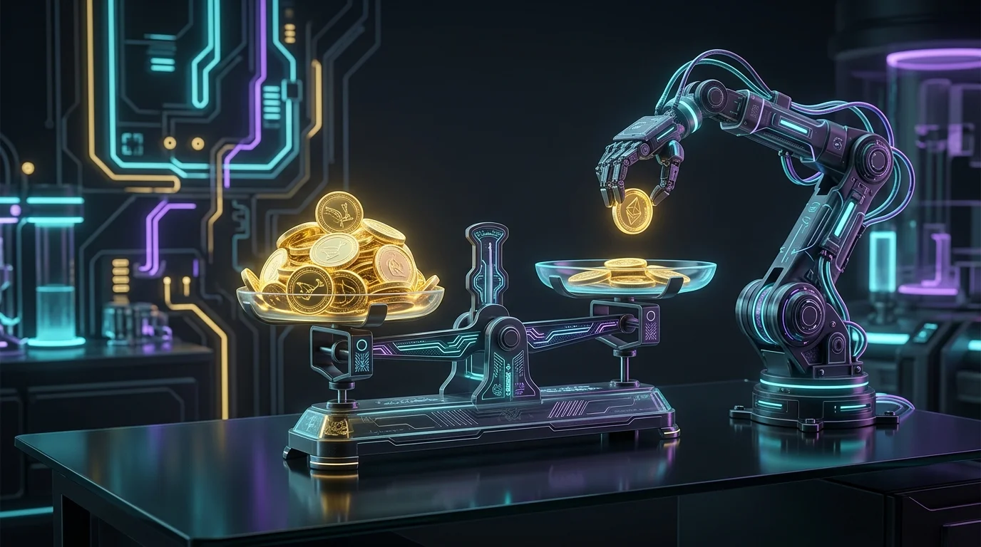 Robotic arm balancing coins on a scale to demonstrate automatic portfolio rebalancing for stock market investing.
