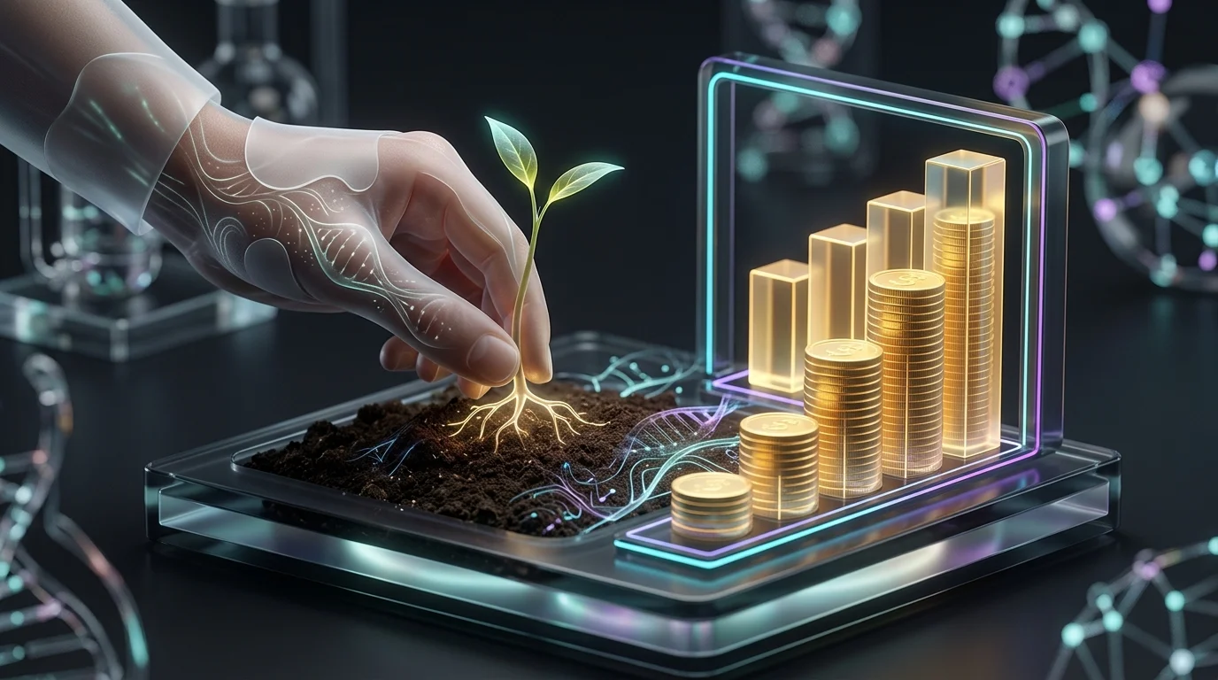 Hand planting a seedling next to a stack of gold coins to represent growing wealth through stock market investing.
