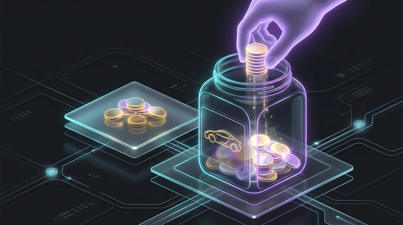 Hand placing coins into a car-labeled savings jar to build an emergency fund for lower insurance premiums.