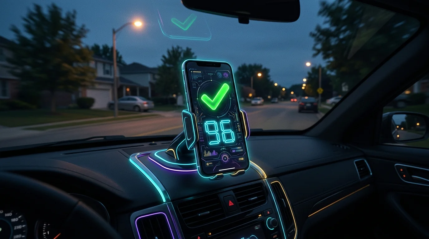 Smartphone dashboard display showing a high safe-driving score for auto insurance premium discounts.