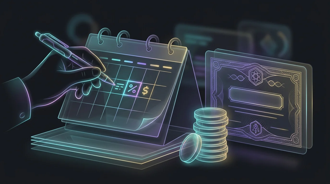 Person writing a target date and investment goal on a calendar next to bonds and coins for financial planning.