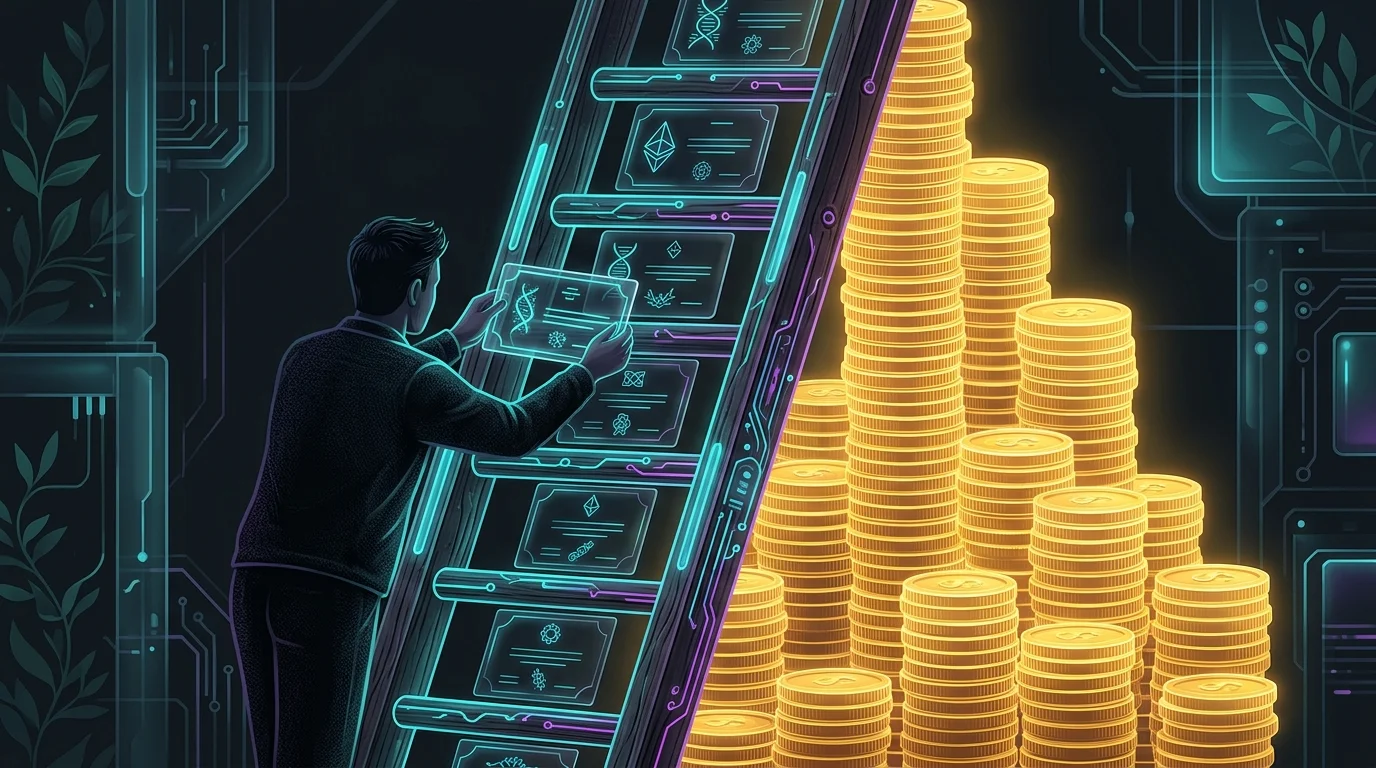 Person placing bond certificates on a wooden ladder leaning against gold coins to illustrate building a bond ladder.