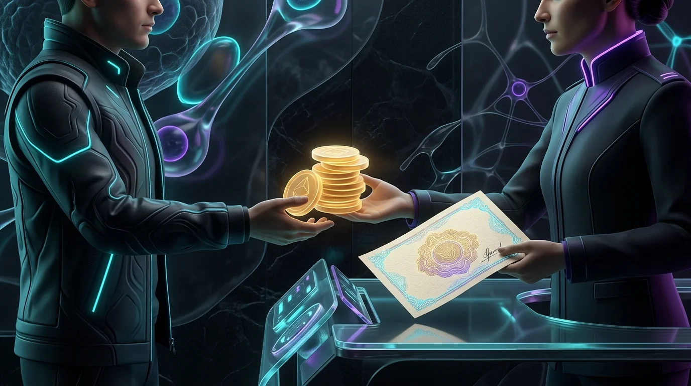 A person hands gold coins to an official for a bond certificate, illustrating how to invest in bonds.