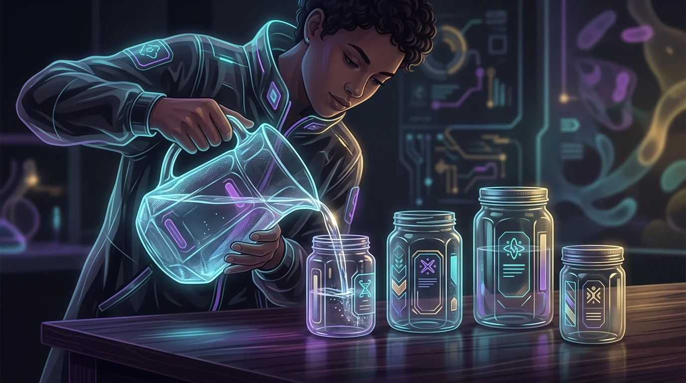Person pouring water into labeled jars to represent separate savings buckets for financial milestones.