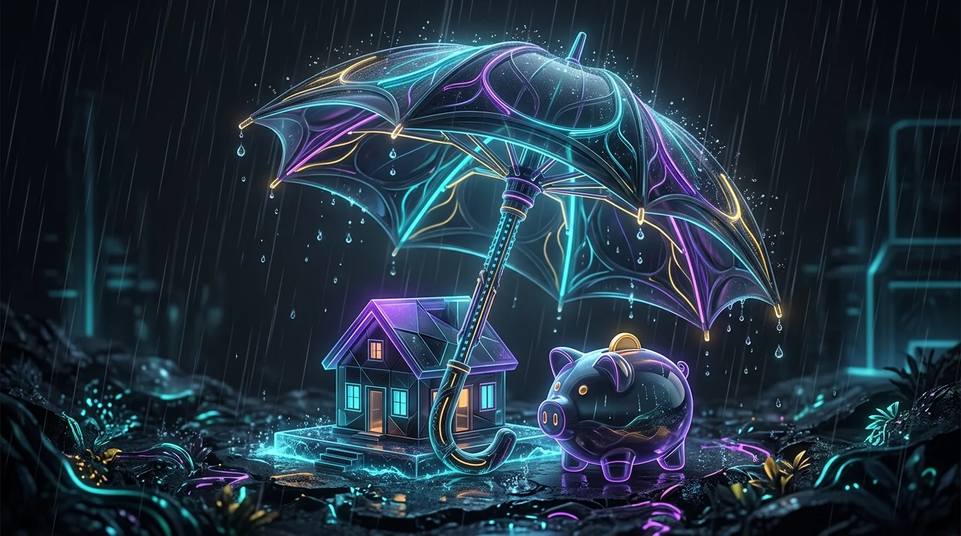 Umbrella protecting a house and piggy bank, symbolizing insurance and emergency funds for financial milestones.