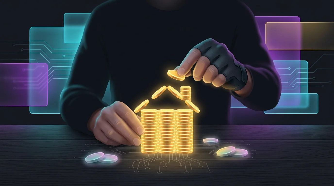 Person stacking gold coins into a house shape to build a real estate investment down payment.
