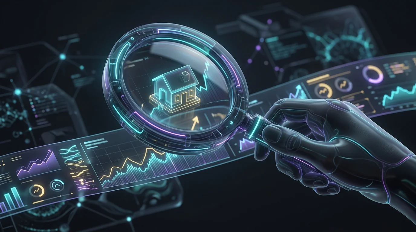Magnifying glass over a miniature house on a stock graph to analyze real estate investment vehicles.