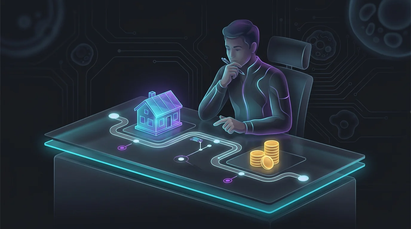Person at a desk planning real estate investment goals with a model house and coins on a timeline.