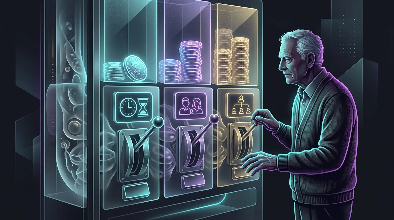 Retiree using a mechanical vending machine to choose different annuity payout options and distribution timelines.