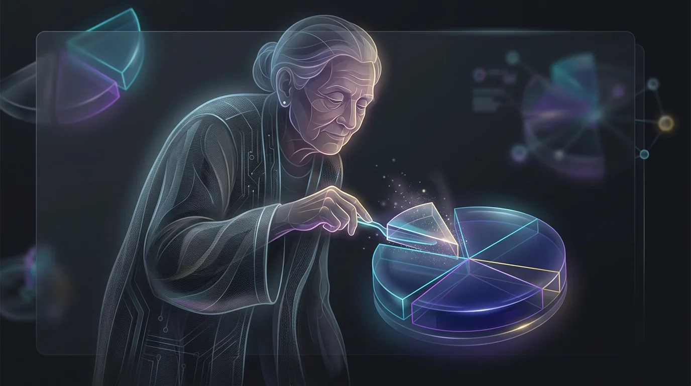 Elderly person carefully slicing a portion of a retirement savings pie chart to represent a safe withdrawal rate.