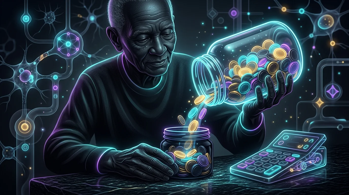 Elderly person calculating retirement withdrawals to manage an RMD from a savings jar.