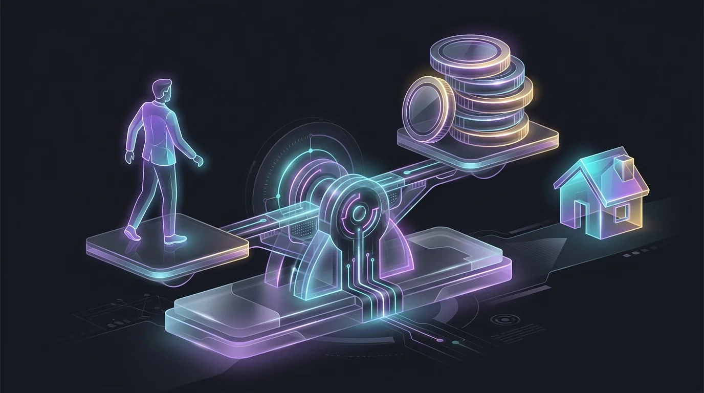 Person on a balance scale weighing coins against a house icon to calculate mortgage refinance break-even points.