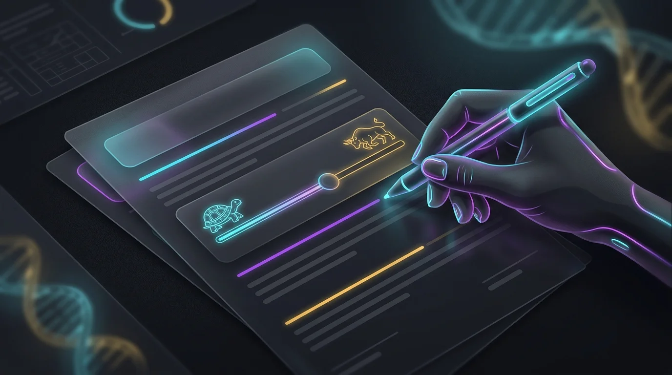 Hand holding a pen over a risk tolerance questionnaire with a sliding scale from cautious to aggressive investment styles.