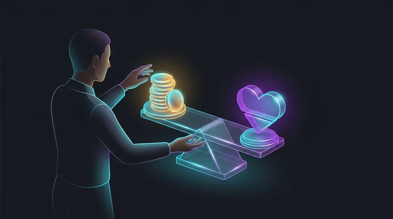 Person balancing a coin stack and a heart on a scale to illustrate a balanced investment risk tolerance strategy.