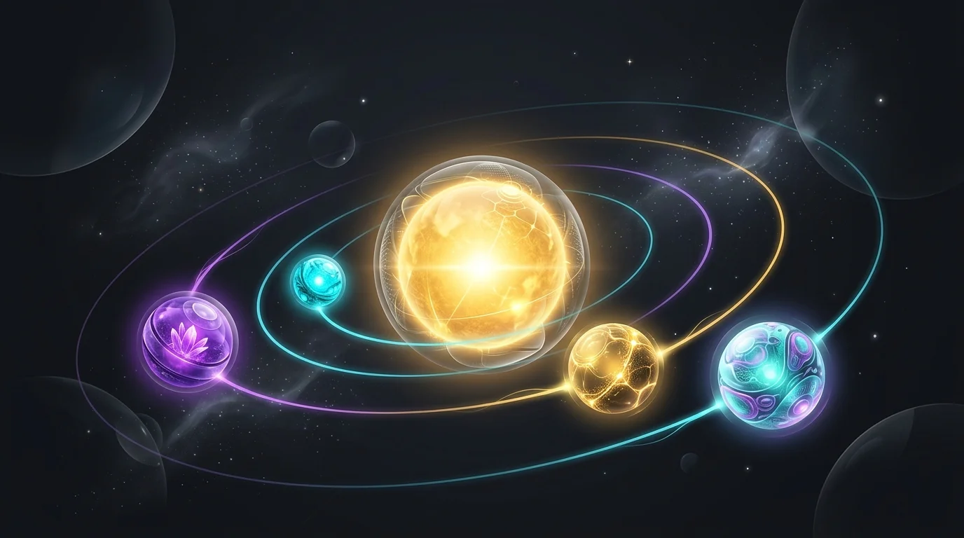 Sun-centered core-satellite portfolio diagram illustrating a stable market volatility investment strategy.