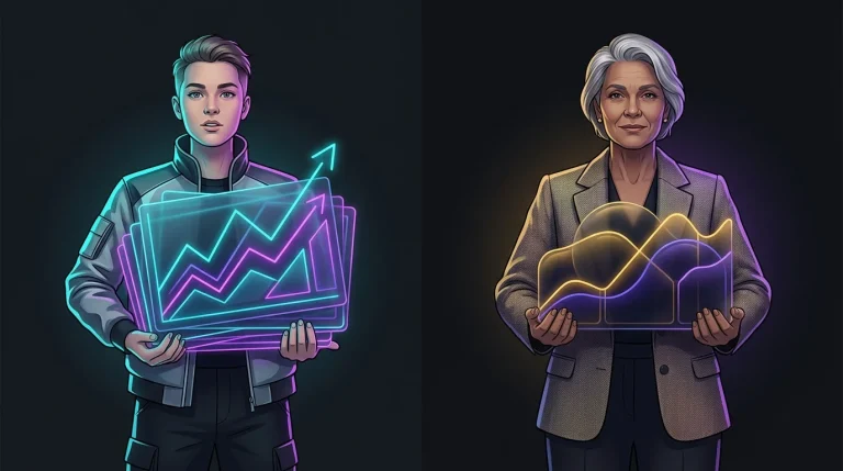 Young person with growth stocks and older person with a stable portfolio to demonstrate risk tolerance in market volatility