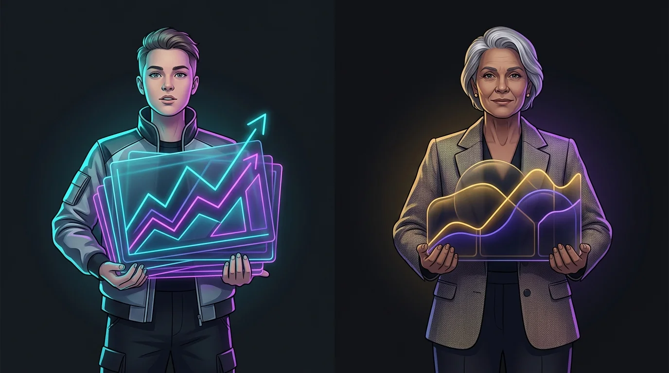 Young person with growth stocks and older person with a stable portfolio to demonstrate risk tolerance in market volatility