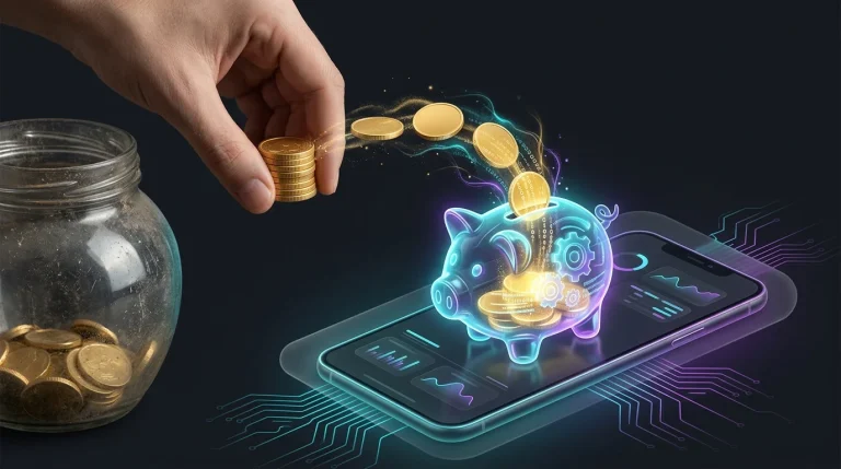 Hand moving gold coins into a digital piggy bank on a smartphone screen to earn passive income interest.