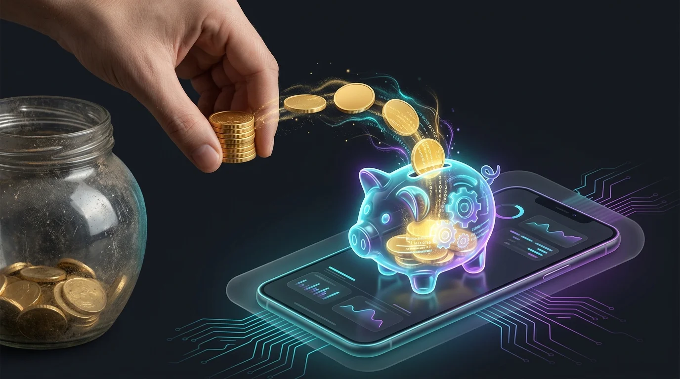 Hand moving gold coins into a digital piggy bank on a smartphone screen to earn passive income interest.