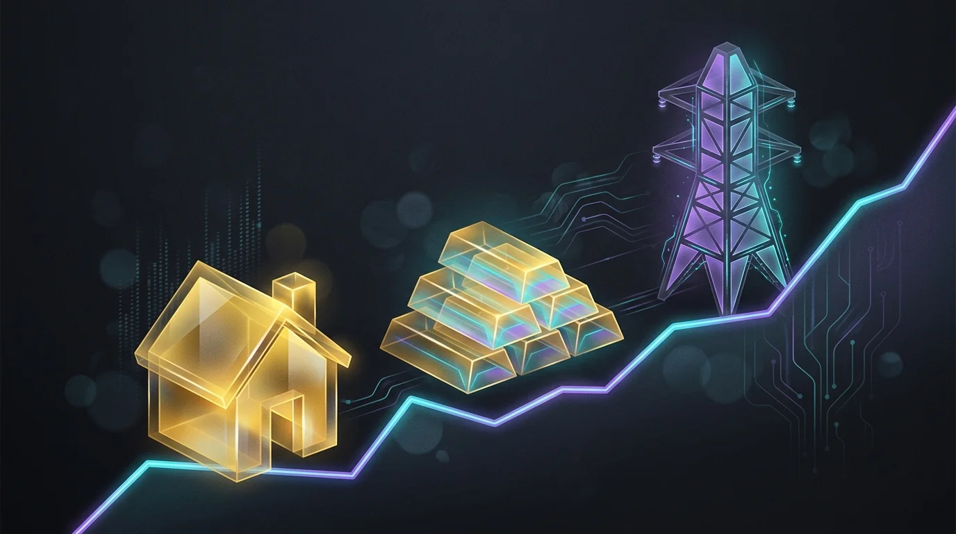 Golden house, gold bars, and utility tower on a rising graph representing inflation-protected real asset investments.