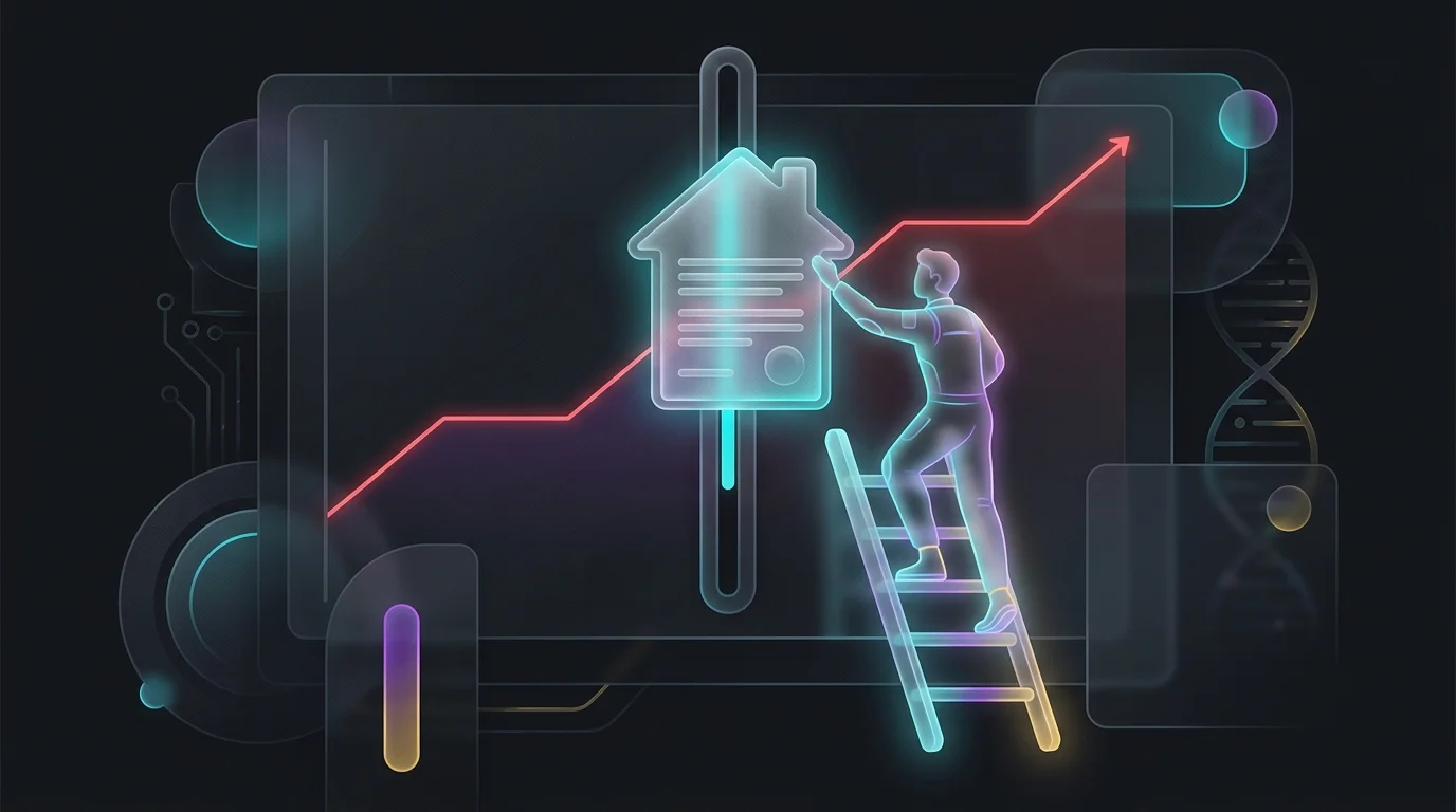 Person on a ladder adjusting home insurance coverage to match rising inflation costs on a chart.