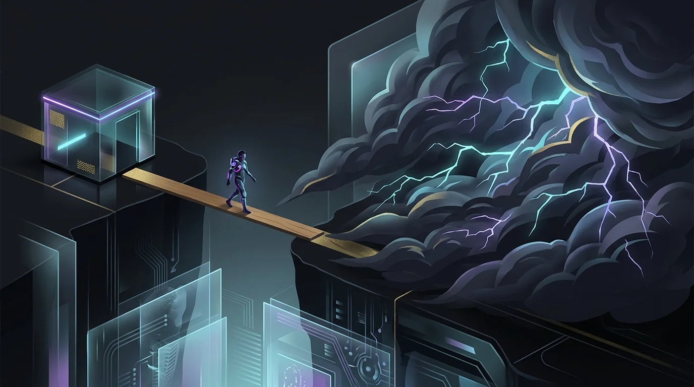 Person walking on a plank between a home and storm cloud, representing potential insurance coverage gaps.