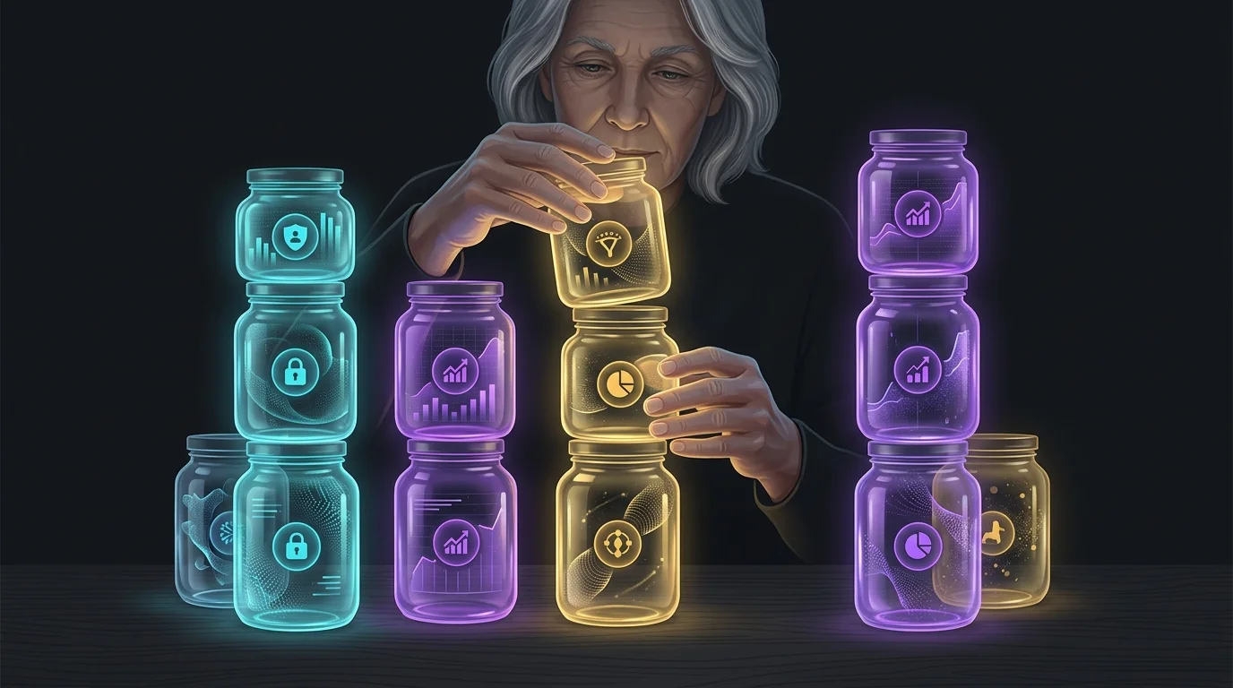 Retired person stacking labeled glass jars in order of priority to optimize tax-advantaged retirement withdrawals.