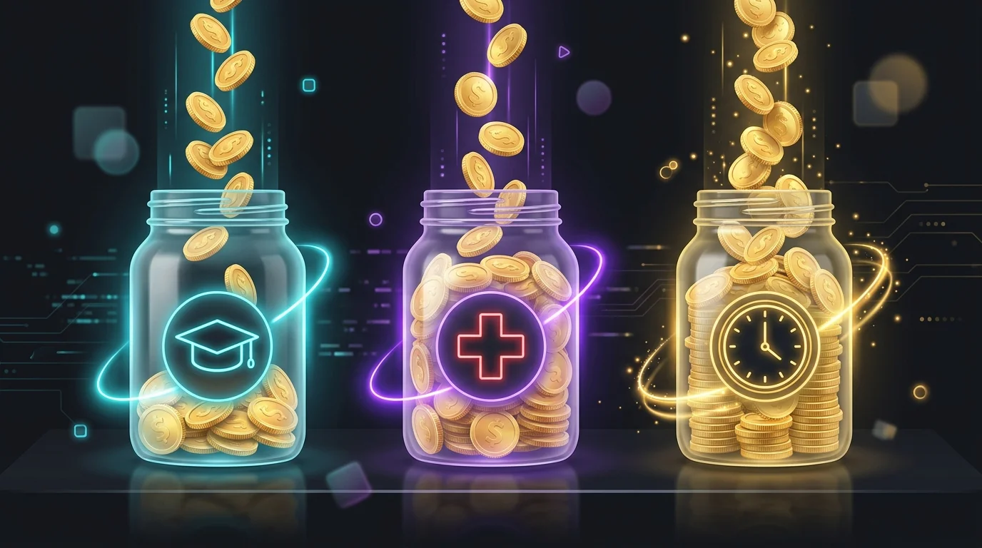 Glass jars with icons for retirement, health, and education accounts being filled with gold coins for tax-advantaged growth.
