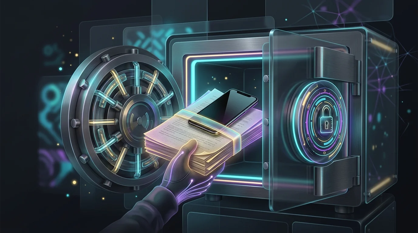 Hand placing sensitive documents and a smartphone into a secure safe to prevent insurance fraud.